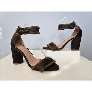 Express Brown Block Heel Sandals Size 9 Faux Fur Trim Ankle Strap Heels Fall